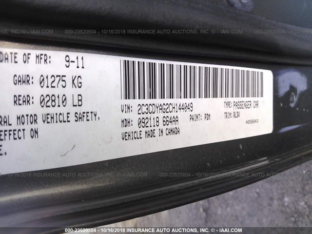 2C3CDYAG2CH144049 - 2012 DODGE CHALLENGER SXT GRAY photo 9