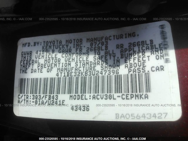 4T1BE32K83U247396 - 2003 TOYOTA CAMRY LE/XLE/SE MAROON photo 9