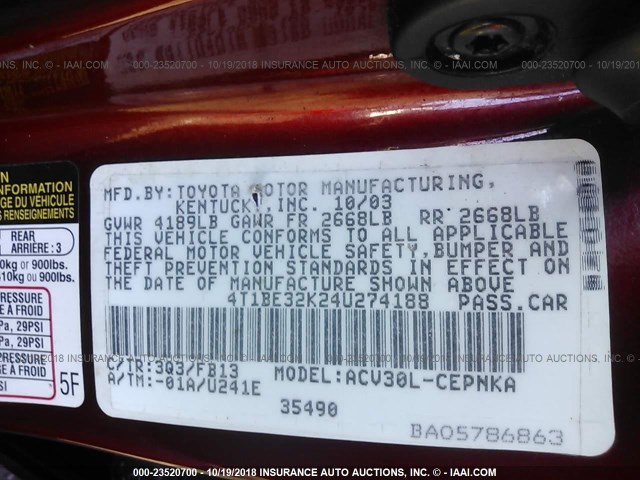 4T1BE32K24U274188 - 2004 TOYOTA CAMRY LE/XLE/SE RED photo 9