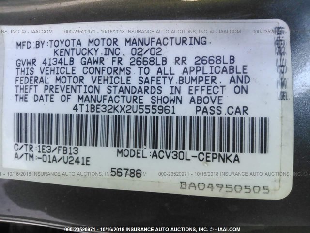 4T1BE32KX2U555961 - 2002 TOYOTA CAMRY LE/XLE/SE BEIGE photo 9