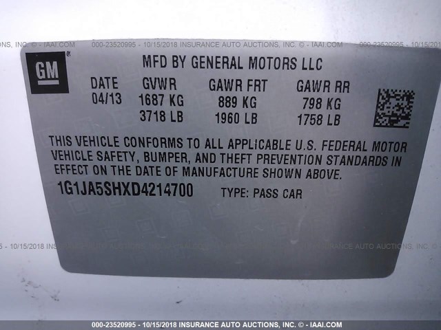 1G1JA5SHXD4214700 - 2013 CHEVROLET SONIC LS WHITE photo 9