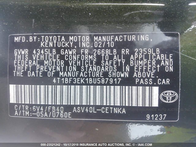 4T1BF3EK1BU587917 - 2011 TOYOTA CAMRY SE/LE/XLE GREEN photo 9