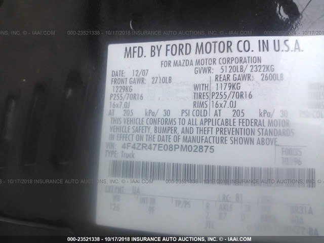 4F4ZR47E08PM02875 - 2008 MAZDA B4000 CAB PLUS 黑色 照片 9