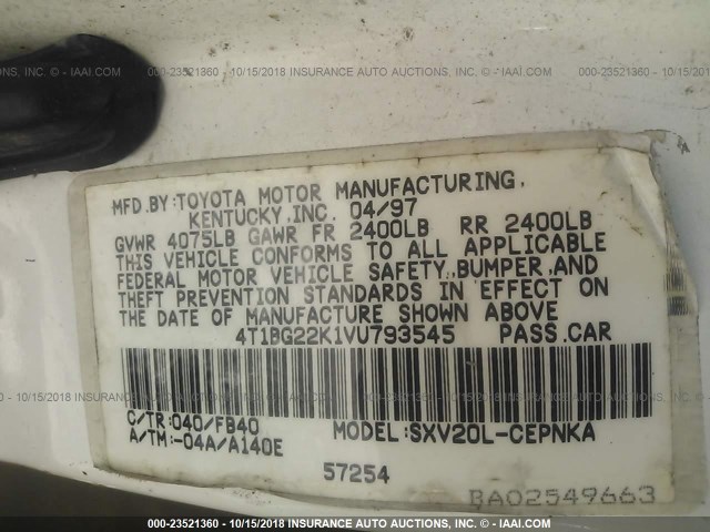 4T1BG22K1VU793545 - 1997 TOYOTA CAMRY CE/LE/XLE 白色 照片 9