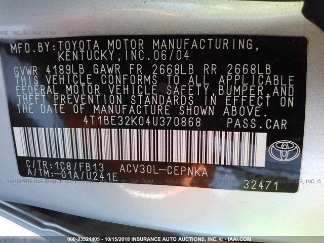 4T1BE32K04U370868 - 2004 TOYOTA CAMRY LE/XLE/SE SILVER photo 9