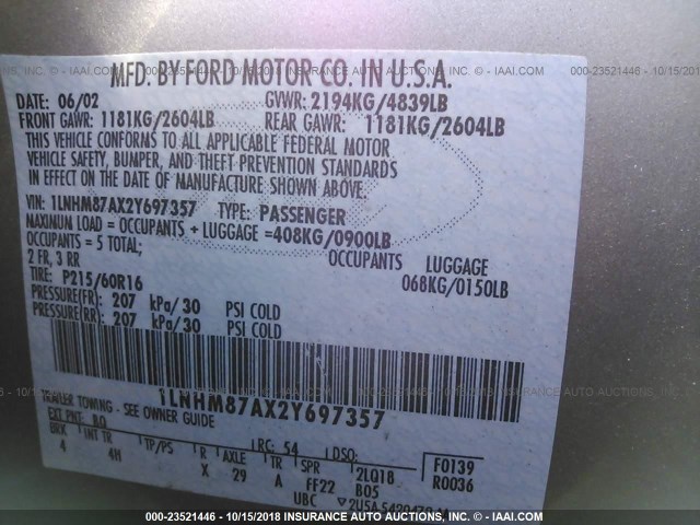 1LNHM87AX2Y697357 - 2002 LINCOLN LS 银色 照片 9