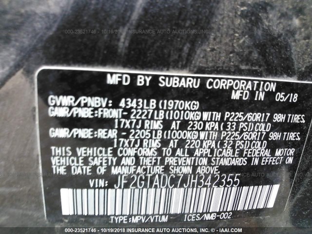 JF2GTADC7JH342355 - 2018 SUBARU CROSSTREK PREMIUM ნაცრისფერი ფოტო 9