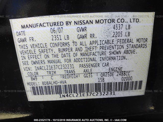 1N4CL21E37C232231 - 2007 NISSAN ALTIMA HYBRID BLUE photo 9