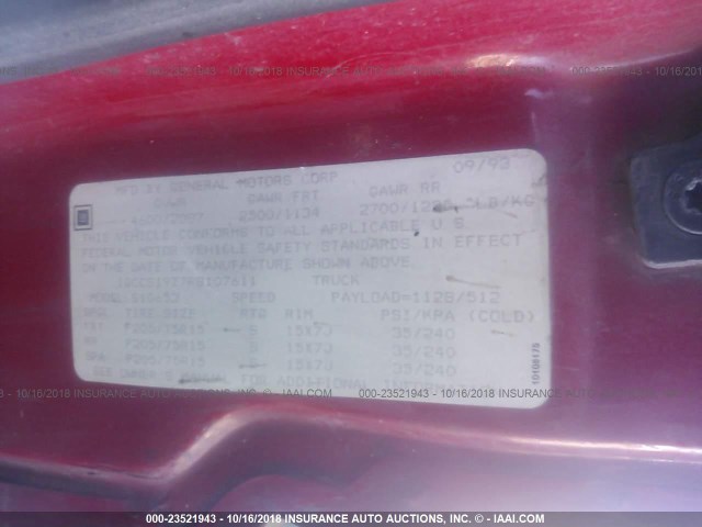 1GCCS19Z7R8107611 - 1994 CHEVROLET S TRUCK S10 RED photo 9