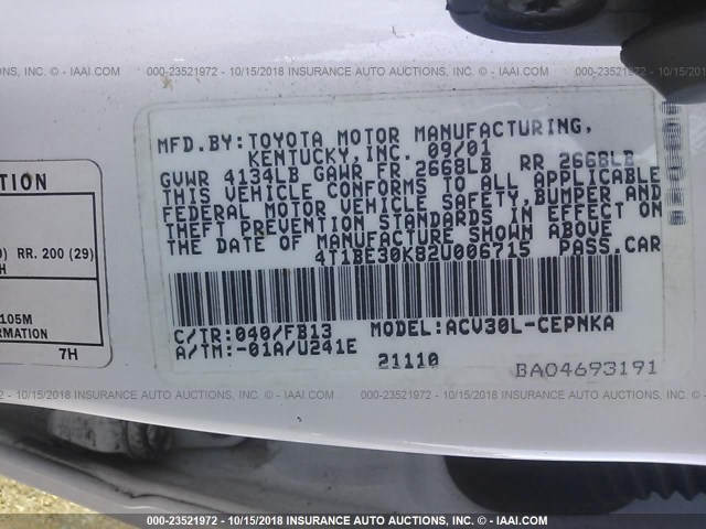 4T1BE30K82U006715 - 2002 TOYOTA CAMRY LE/XLE/SE WHITE photo 9