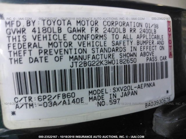 JT2BG22K3W0182650 - 1998 TOYOTA CAMRY CE/LE/XLE 绿色 照片 9