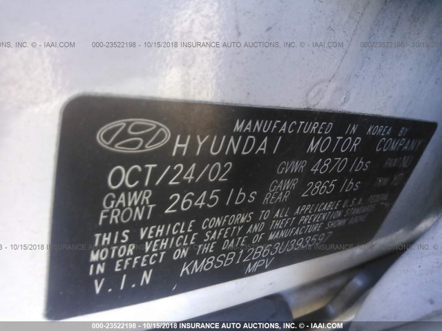 KM8SB12B63U393597 - 2003 HYUNDAI SANTA FE WHITE photo 9