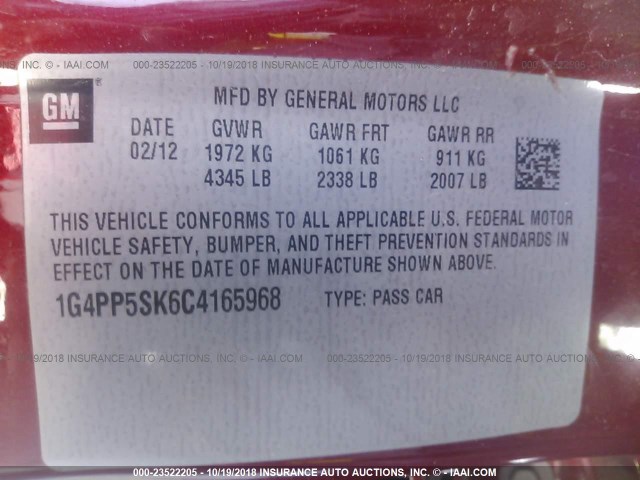 1G4PP5SK6C4165968 - 2012 BUICK VERANO RED photo 9