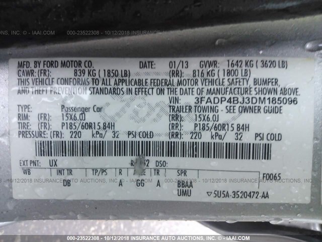 3FADP4BJ3DM185096 - 2013 FORD FIESTA SE ვერცხლისფერი ფოტო 9