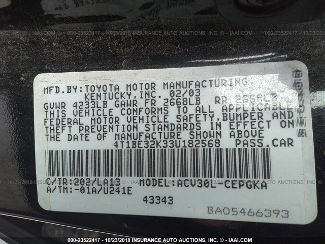 4T1BE32K33U182568 - 2003 TOYOTA CAMRY LE/XLE/SE BLACK photo 9