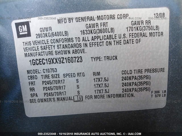 1GCEC19XX9Z160723 - 2009 CHEVROLET SILVERADO C1500 BLUE photo 9