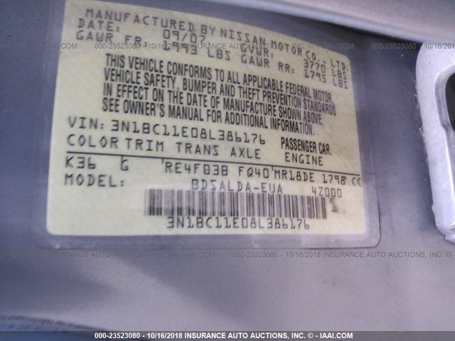 3N1BC11E08L386176 - 2008 NISSAN VERSA S/SL GRAY photo 9