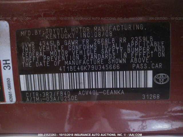 4T1BE46K79U345666 - 2009 TOYOTA CAMRY SE/LE/XLE RED photo 9