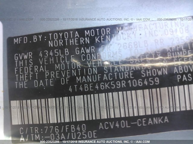 4T4BE46K59R106459 - 2009 TOYOTA CAMRY SE/LE/XLE მწვანე ფოტო 9