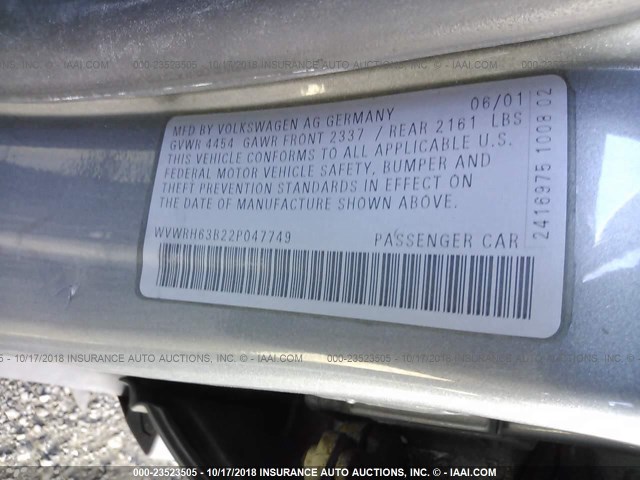 WVWRH63B22P047749 - 2002 VOLKSWAGEN PASSAT GLX 灰色 照片 9