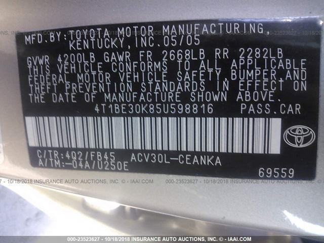 4T1BE30K85U598816 - 2005 TOYOTA CAMRY LE/XLE/SE BEIGE photo 9