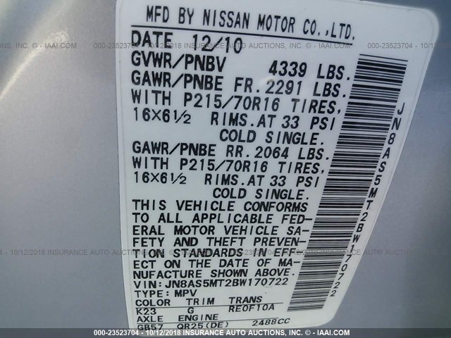 JN8AS5MT2BW170722 - 2011 NISSAN ROGUE S/SV/KROM SILVER photo 9