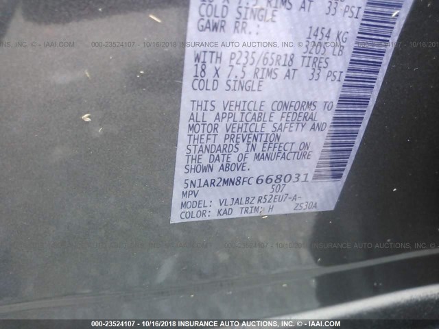 5N1AR2MN8FC668031 - 2015 NISSAN PATHFINDER S/SV/SL/PLATINUM GRAY photo 9