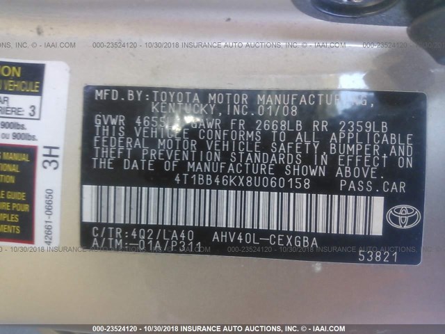 4T1BB46KX8U060158 - 2008 TOYOTA CAMRY HYBRID Champagne photo 9