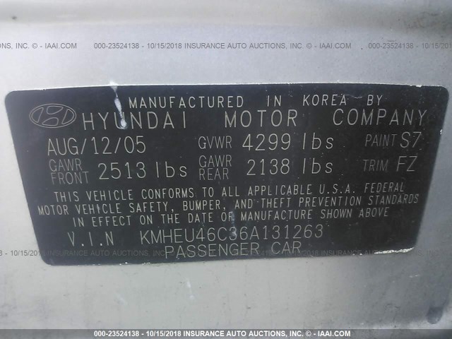 KMHEU46C36A131263 - 2006 HYUNDAI SONATA GLS/LX SILVER photo 9