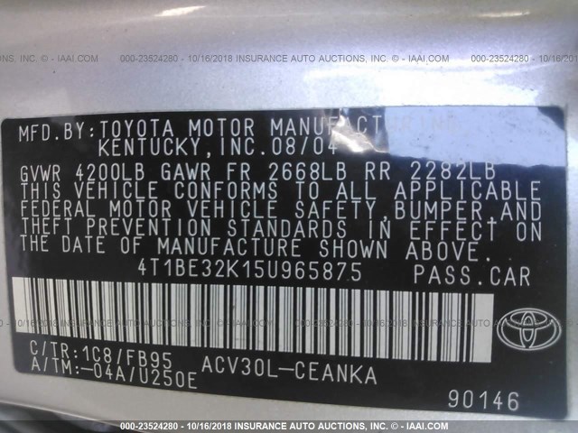 4T1BE32K15U965875 - 2005 TOYOTA CAMRY LE/XLE/SE SILVER photo 9