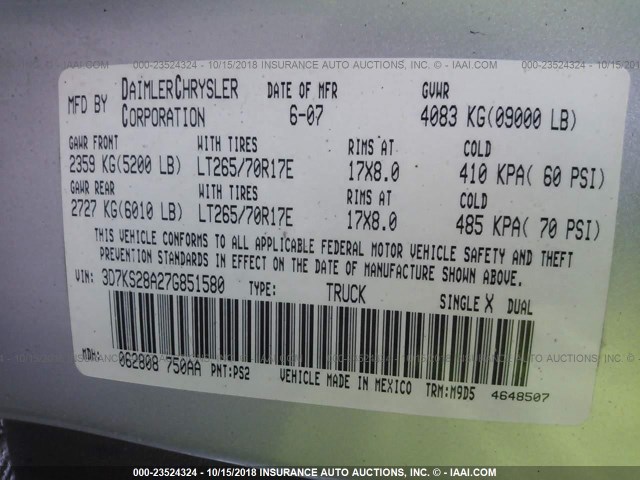 3D7KS28A27G851580 - 2007 DODGE RAM 2500 ST/SLT 银色 照片 9