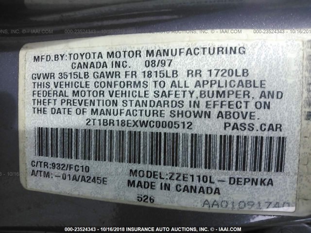 2T1BR18EXWC000512 - 1998 TOYOTA COROLLA VE/CE/LE 灰色 照片 9