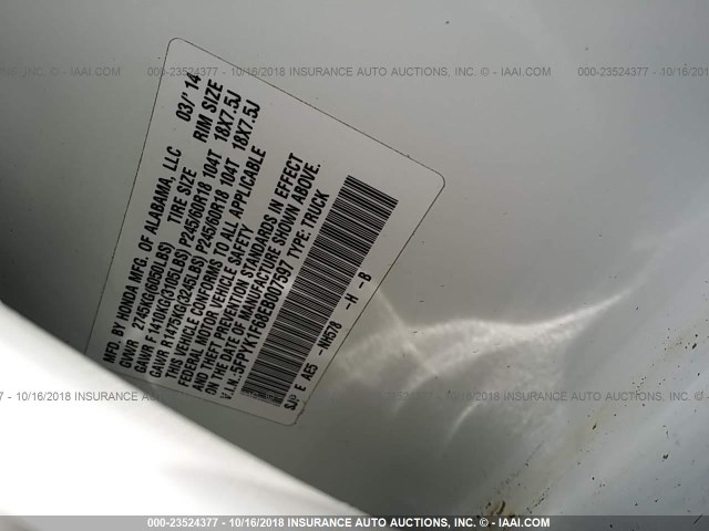 5FPYK1F68EB007597 - 2014 HONDA RIDGELINE RTL-S WHITE photo 9