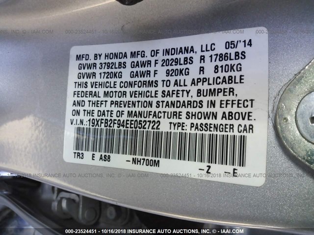 19XFB2F94EE052722 - 2014 HONDA CIVIC EXL SILVER photo 9