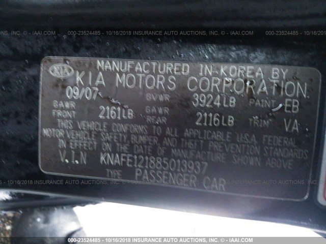 KNAFE121885013937 - 2008 KIA SPECTRA EX/LX/SX BLACK photo 9