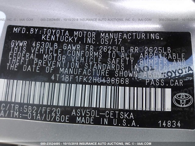 4T1BF1FK2HU438668 - 2017 TOYOTA CAMRY LE/XLE/SE/XSE 金色 照片 9