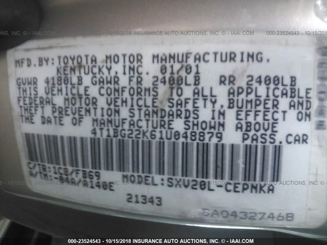 4T1BG22K61U048879 - 2001 TOYOTA CAMRY CE/LE/XLE 银色 照片 9