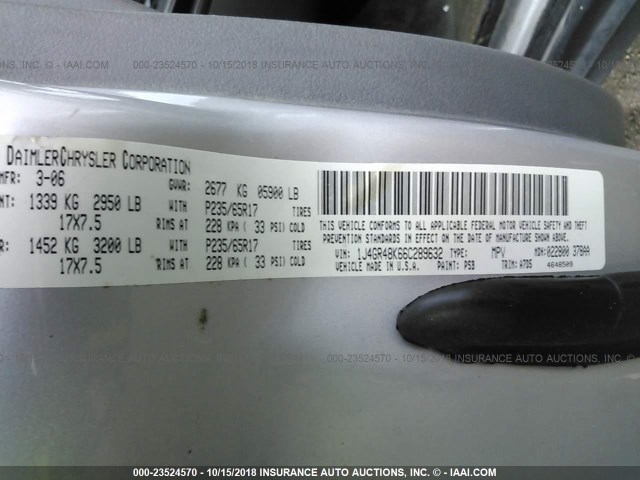 1J4GR48K66C289632 - 2006 JEEP GRAND CHEROKEE LAREDO/COLUMBIA/FREEDOM 银色 照片 9