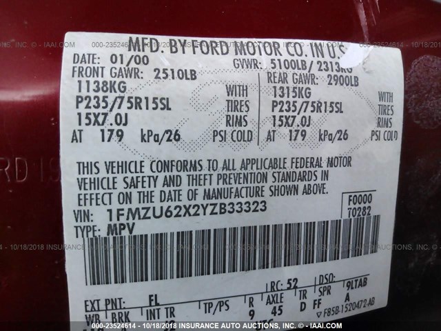 1FMZU62X2YZB33323 - 2000 FORD EXPLORER XLS MAROON photo 9