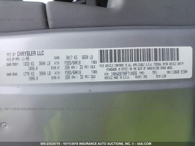 1A8HW58T89F710926 - 2009 CHRYSLER ASPEN LIMITED ვერცხლისფერი ფოტო 9