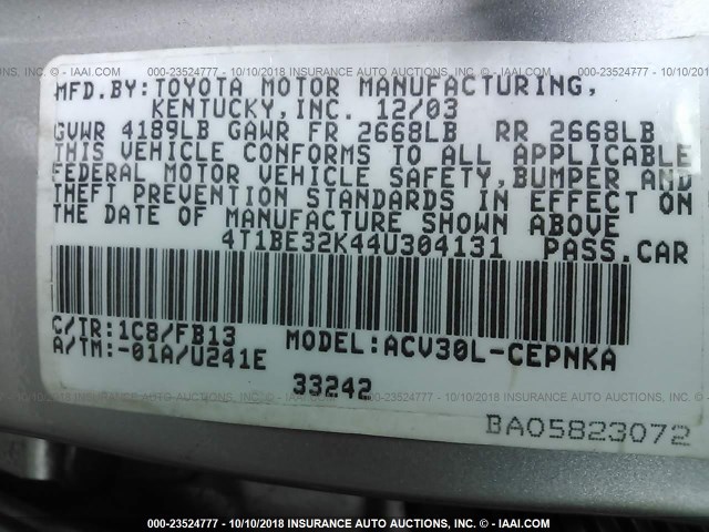 4T1BE32K44U304131 - 2004 TOYOTA CAMRY LE/XLE/SE Күміс фото 9