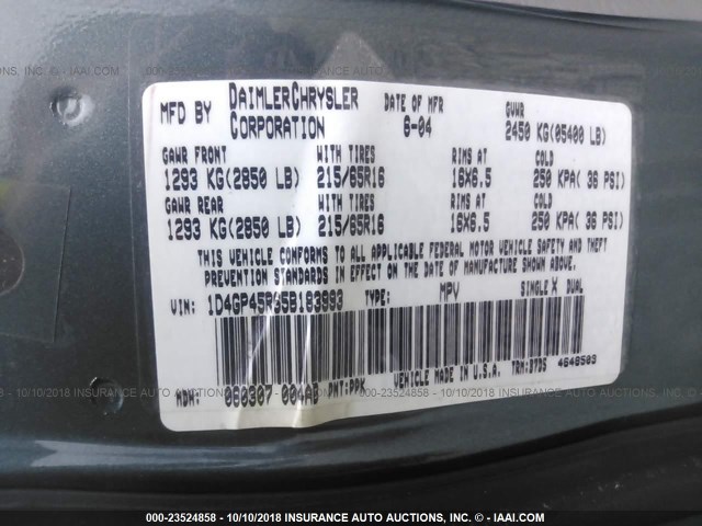 1D4GP45R65B183993 - 2005 DODGE CARAVAN SXT 浅蓝色 照片 9