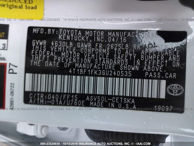 4T1BF1FK3GU240535 - 2016 TOYOTA CAMRY LE/XLE/SE/XSE WHITE photo 9