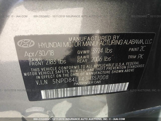 5NPD84LF4JH357008 - 2018 HYUNDAI ELANTRA SEL/VALUE/LIMITED GRAY photo 9