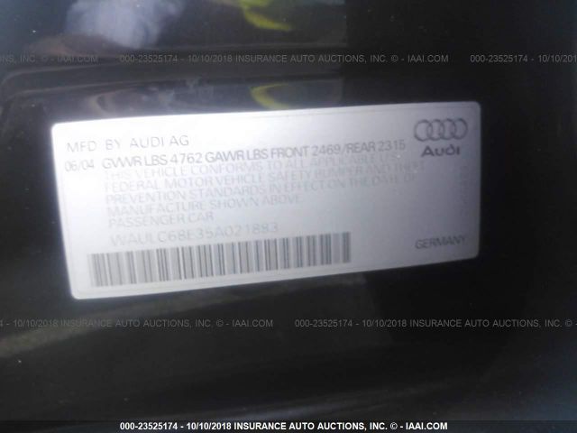 WAULC68E35A021883 - 2005 AUDI A4 1.8T QUATTRO/SPECIAL BLACK photo 9