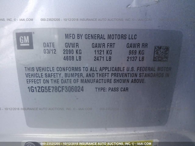 1G1ZG5E78CF306024 - 2012 CHEVROLET MALIBU LTZ 银色 照片 9