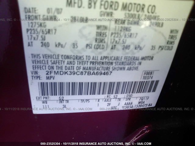 2FMDK39C87BA69467 - 2007 FORD EDGE Червоний фото 9