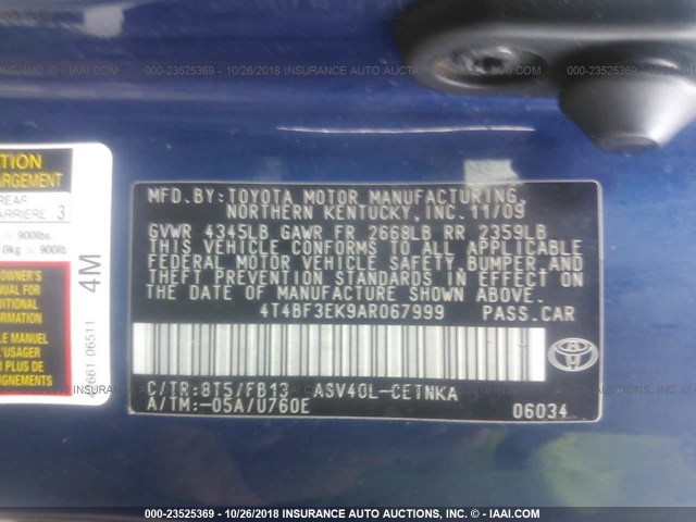 4T4BF3EK9AR067999 - 2010 TOYOTA CAMRY SE/LE/XLE 蓝色 照片 9
