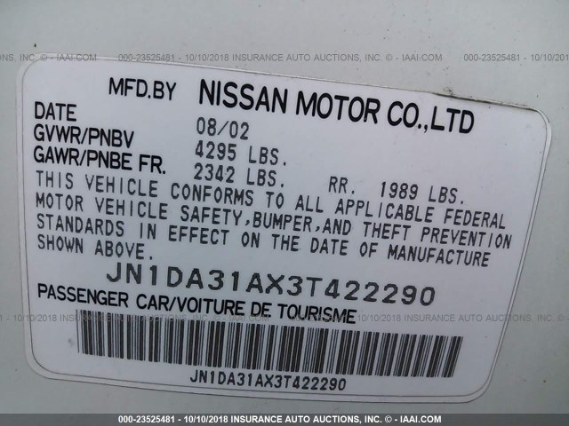 JN1DA31AX3T422290 - 2003 NISSAN MAXIMA GLE/SE WHITE photo 9