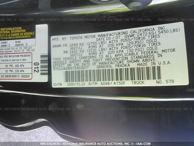 5TELU42N97Z401607 - 2007 TOYOTA TACOMA DOUBLE CAB 黑色 照片 9